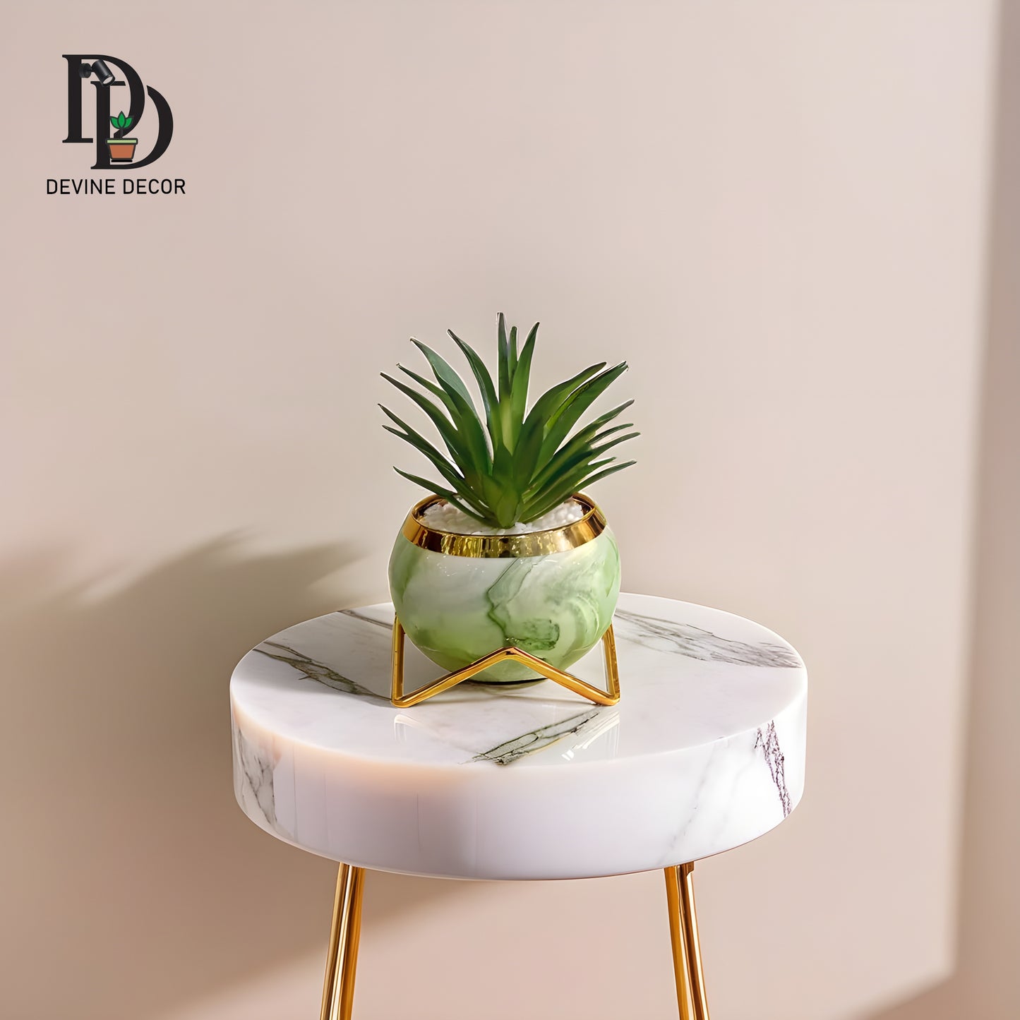Green Marble Planter with Gold Stand