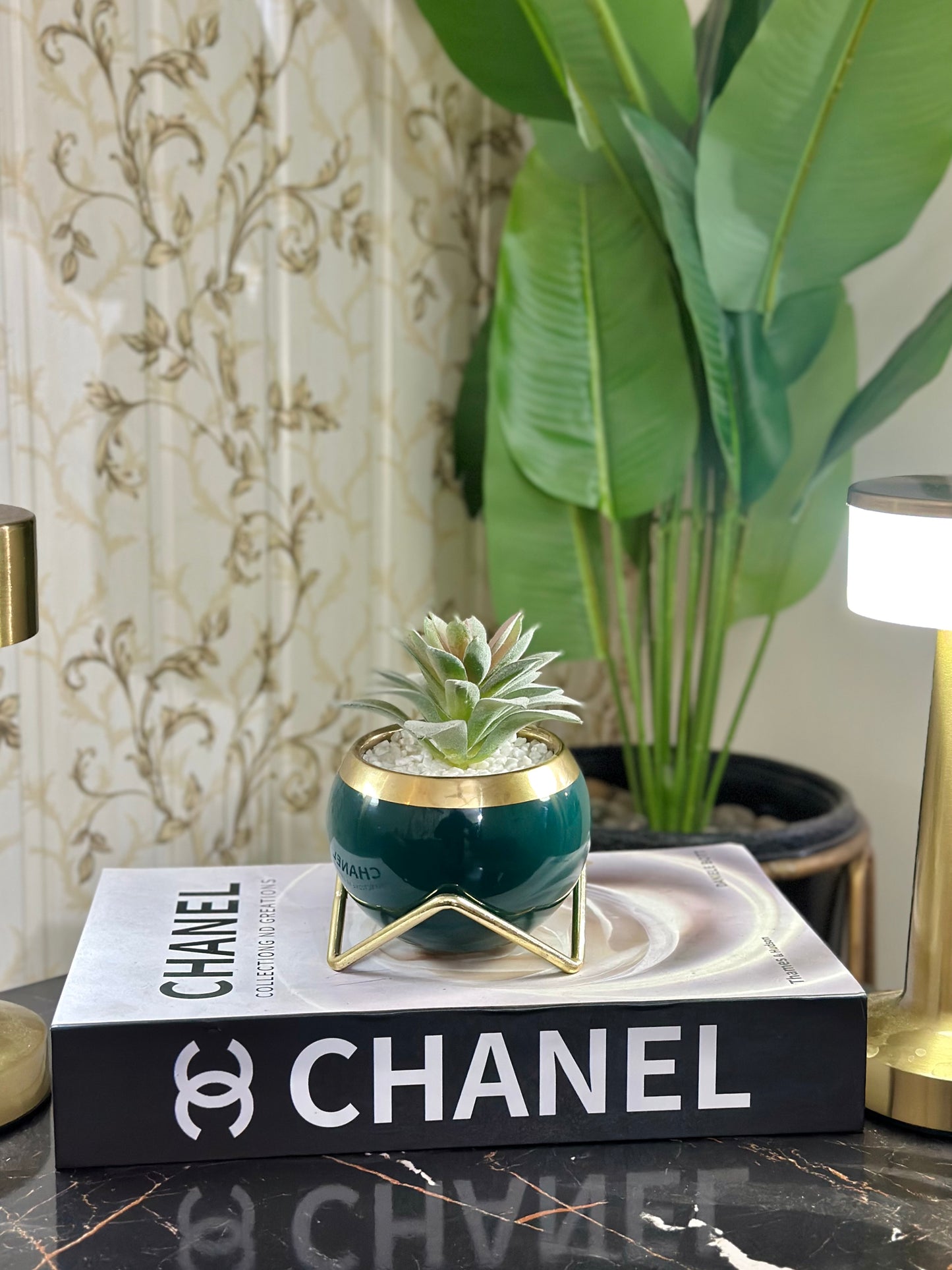 Ceramic succulent planter with gold accent